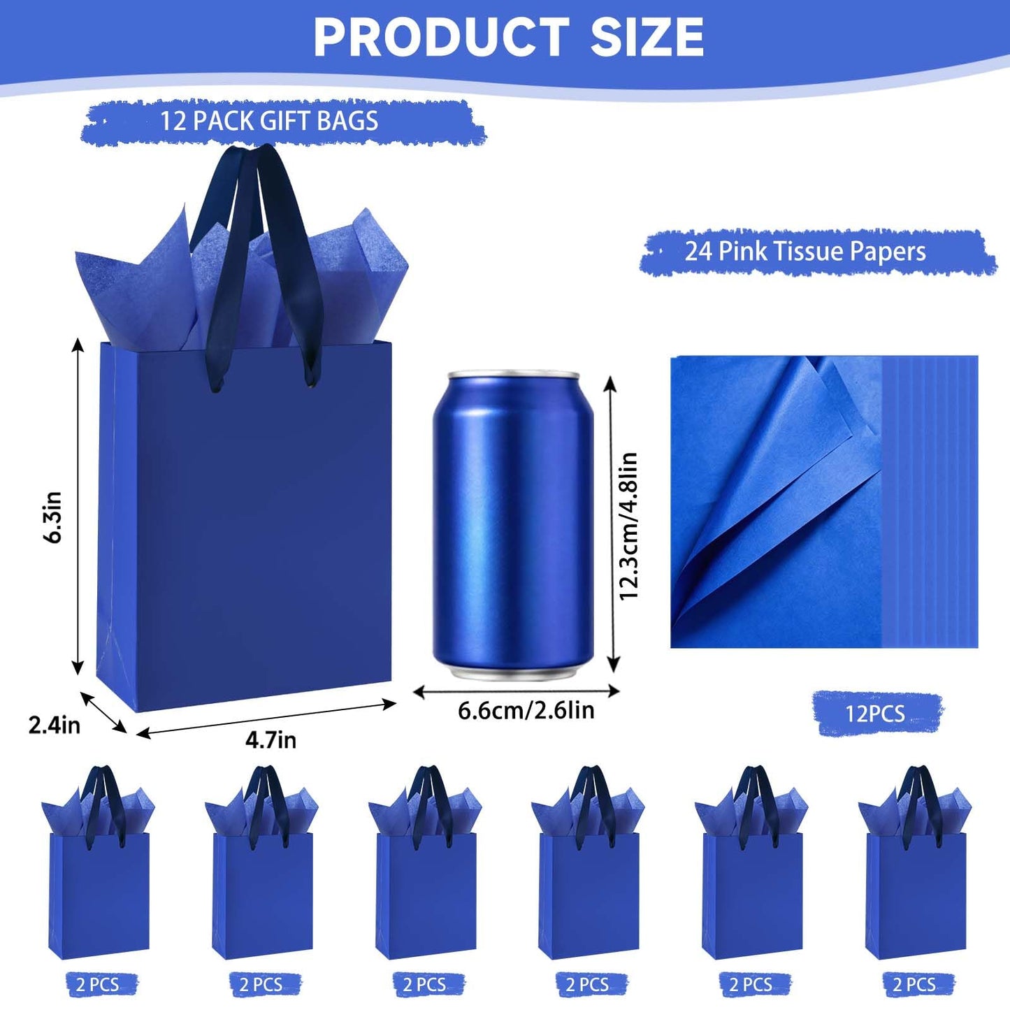 Ethhqu 12-Pack Small Navy Blue Gift Bags with Handles - Includes 24 Tissue Papers, 6.3x4.7x2.4 Inches Mini Gift Card Bag for Birthday Party, Baby Shower, Wedding, Holiday
