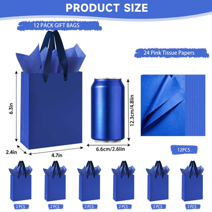 Ethhqu 12-Pack Small Navy Blue Gift Bags with Handles - Includes 24 Tissue Papers, 6.3x4.7x2.4 Inches Mini Gift Card Bag for Birthday Party, Baby Shower, Wedding, Holiday