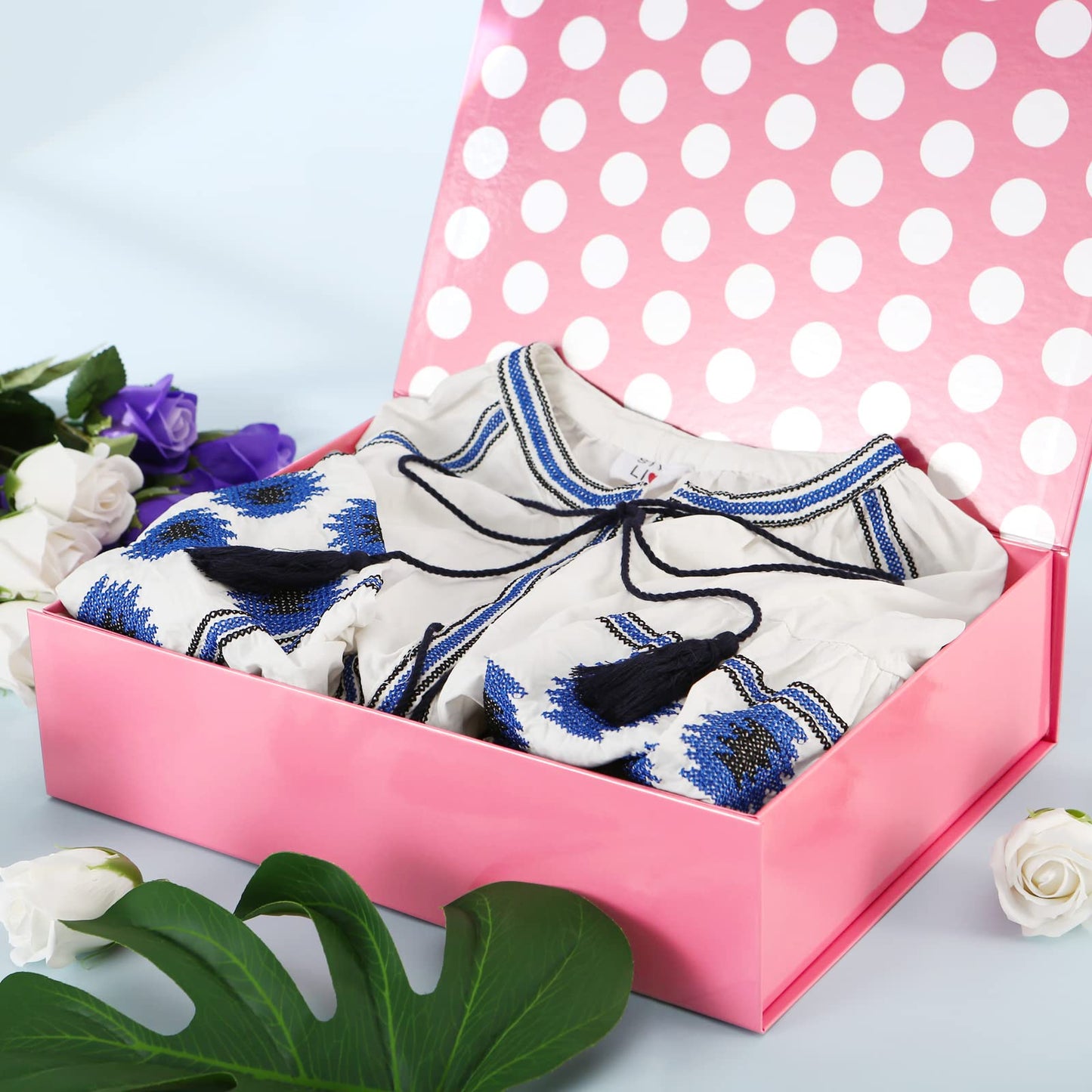 GREEN BEAN Gift Box 13x9.7x3.4 Inches, Large Pink Gift Box with Lid for Presents, Magnetic Gifts Box for Clothes, Shirt, Christmas (Glossy Metallic Pink, Dot Design Inside)