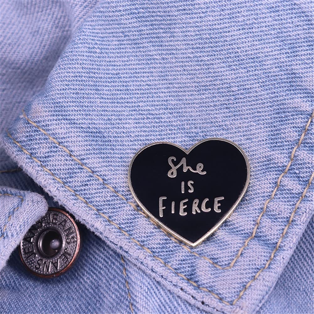 She Is Fierce Brooch Black Heart Enamel Pins Shakespeare Quotes Backpack Hat Collar Badges Feminist Lapel Pins Jewelry Accessories Gifts