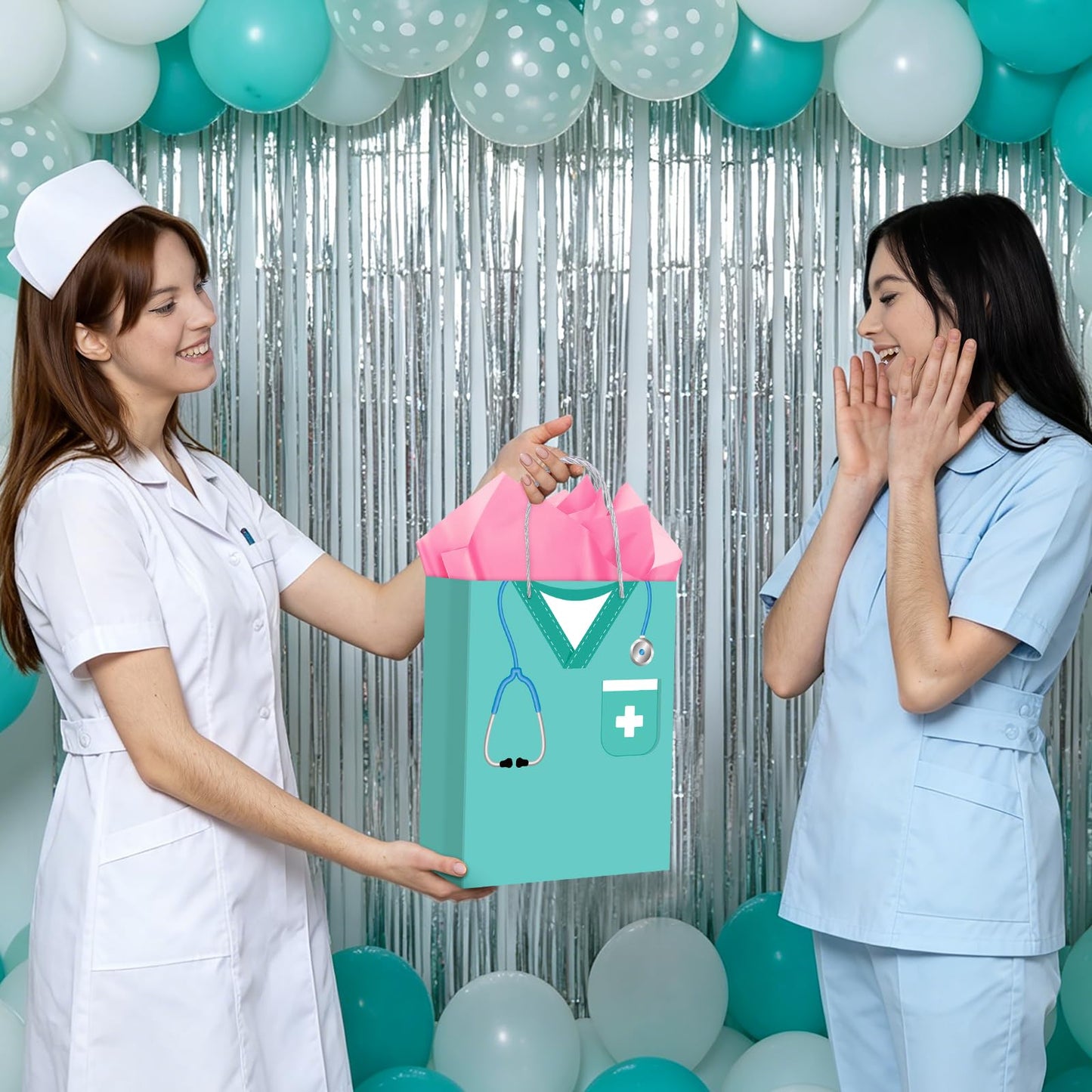 Hooqict Large Nurse Graduation Gift Bag Nurse Gift Wrap Bag with Handles, Tissue Paper, Greeting Cards for Her Women New Grad Nursing Student Medical School Graduation Party Gifts Supplies