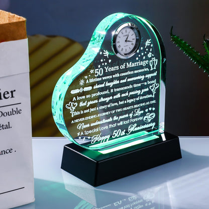 YWHL 50th Anniversary Heart Gifts for Couple 50th Wedding Anniversary Crystal Gifts for Wife Husband with Colorful LED Base Romantic 50 Years of Marriage Gift for Her Him (Battery not Included)