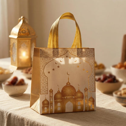 YVAINE 12pcs Ramadan Mubarak Gift Bags with Handles - Reusable Non-Woven Treat Bags 11.4 x 10.6 x 4.7 Inches, 4 Assorted Islamic Designs with Stars, Moon, Mosque & Lanterns for Eid Mubarak Sweets, Party Supplies, Holiday Gifting