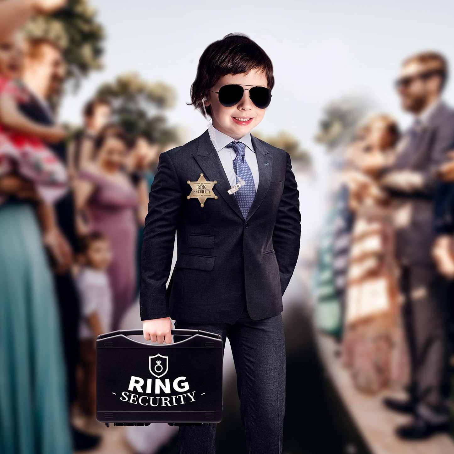 Ring Security Wedding Ring Bearer Gifts Box Set Include Ring Security Badges, Acoustic Earpiece Tube, Rings Bearer Sunglass, Wedding Rings Box with 2 Rings