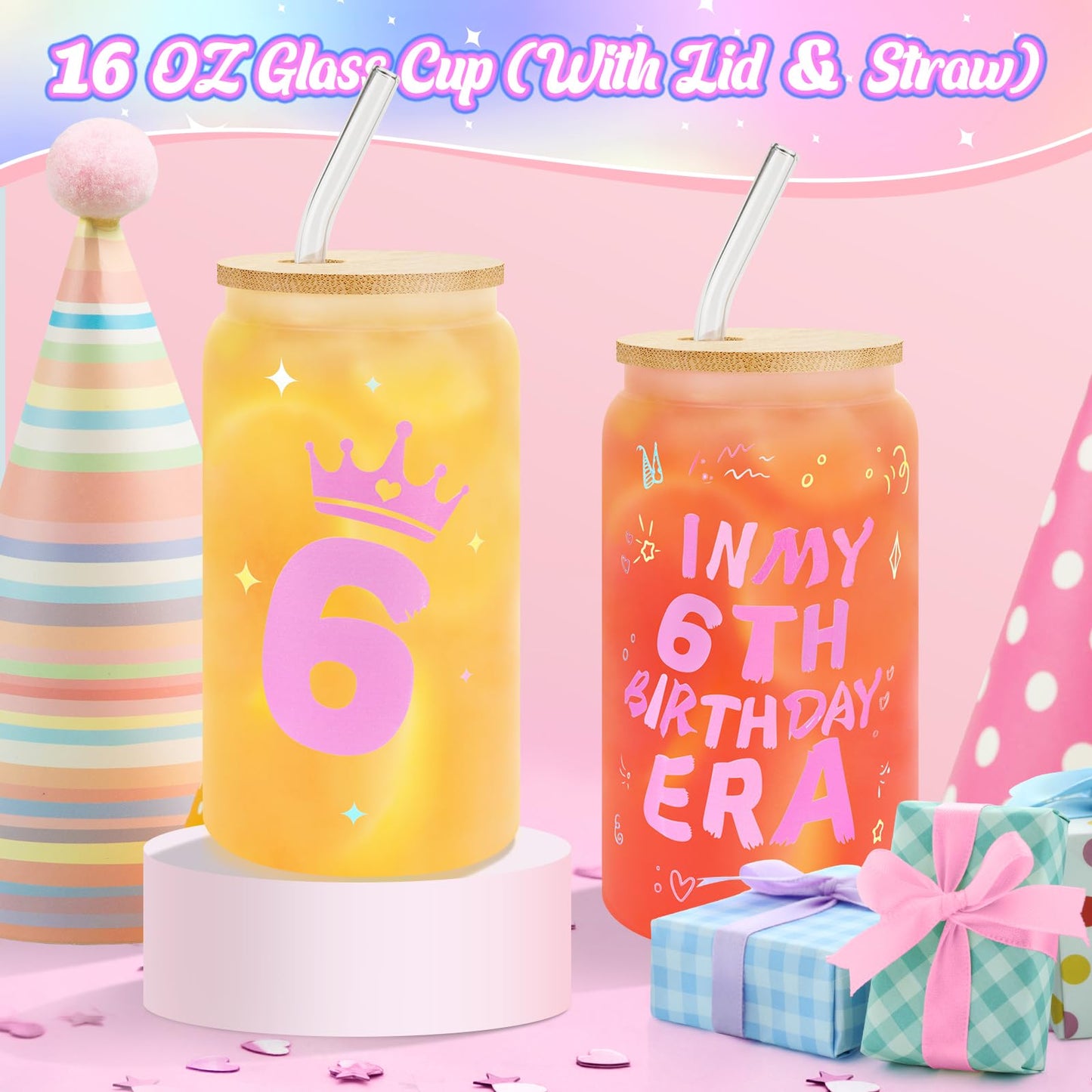 6 Year Old Girl Birthday Gift Set, Gifts for 6 Year Old Girls with Glass Cup (16oz), Socks, Pearl Necklace, Beaded Bracelet, Birthday Hat, Sash & Card