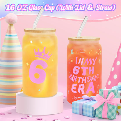 6 Year Old Girl Birthday Gift Set, Gifts for 6 Year Old Girls with Glass Cup (16oz), Socks, Pearl Necklace, Beaded Bracelet, Birthday Hat, Sash & Card