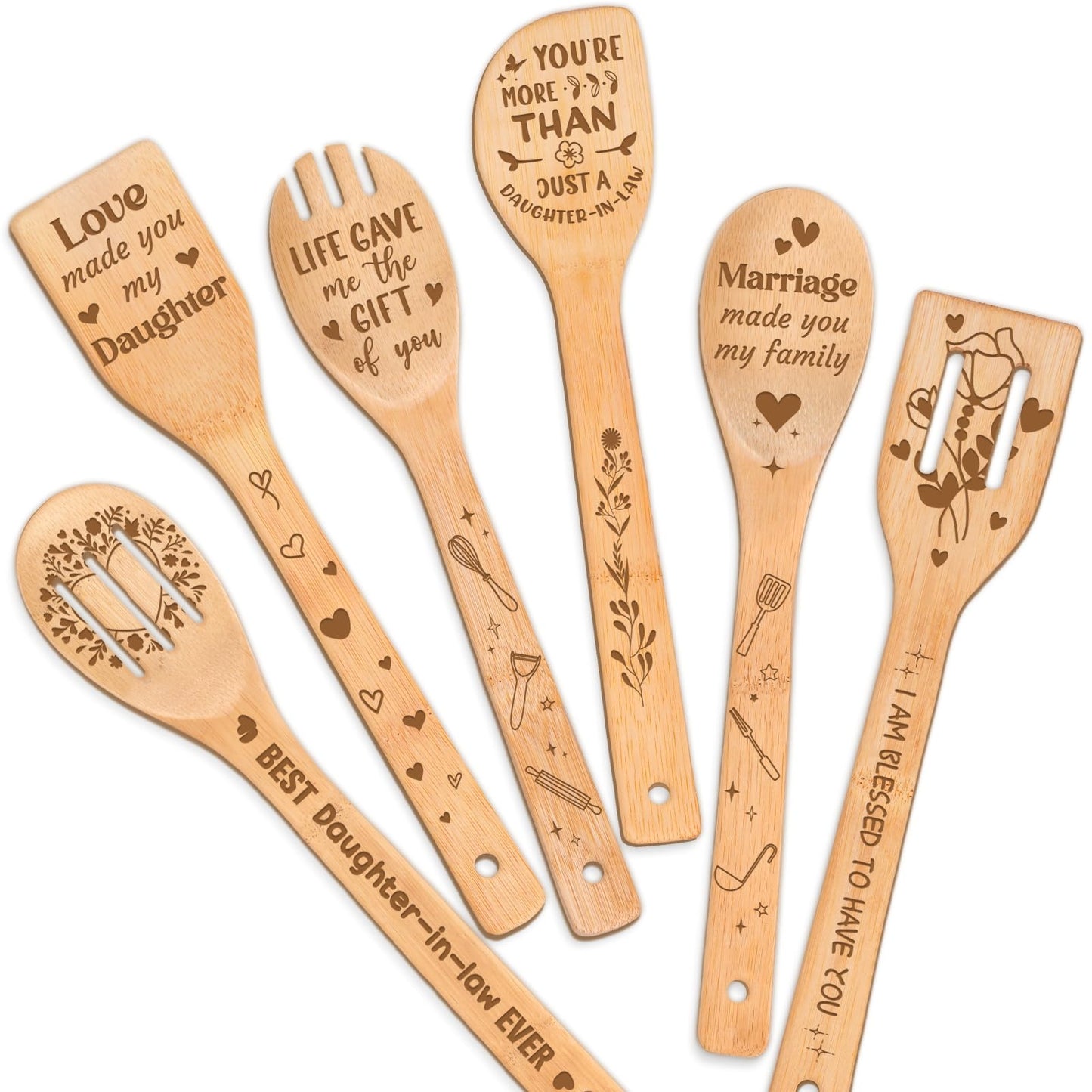 Mothers Day Gifts for Daughter in Law - Daughter in Law Themed Bamboo Spoons Set, Daughter in Law Birthday Gifts with Engraved Quotes, Idea Kitchen Spoons, Daughter in Law Birthday Gifts