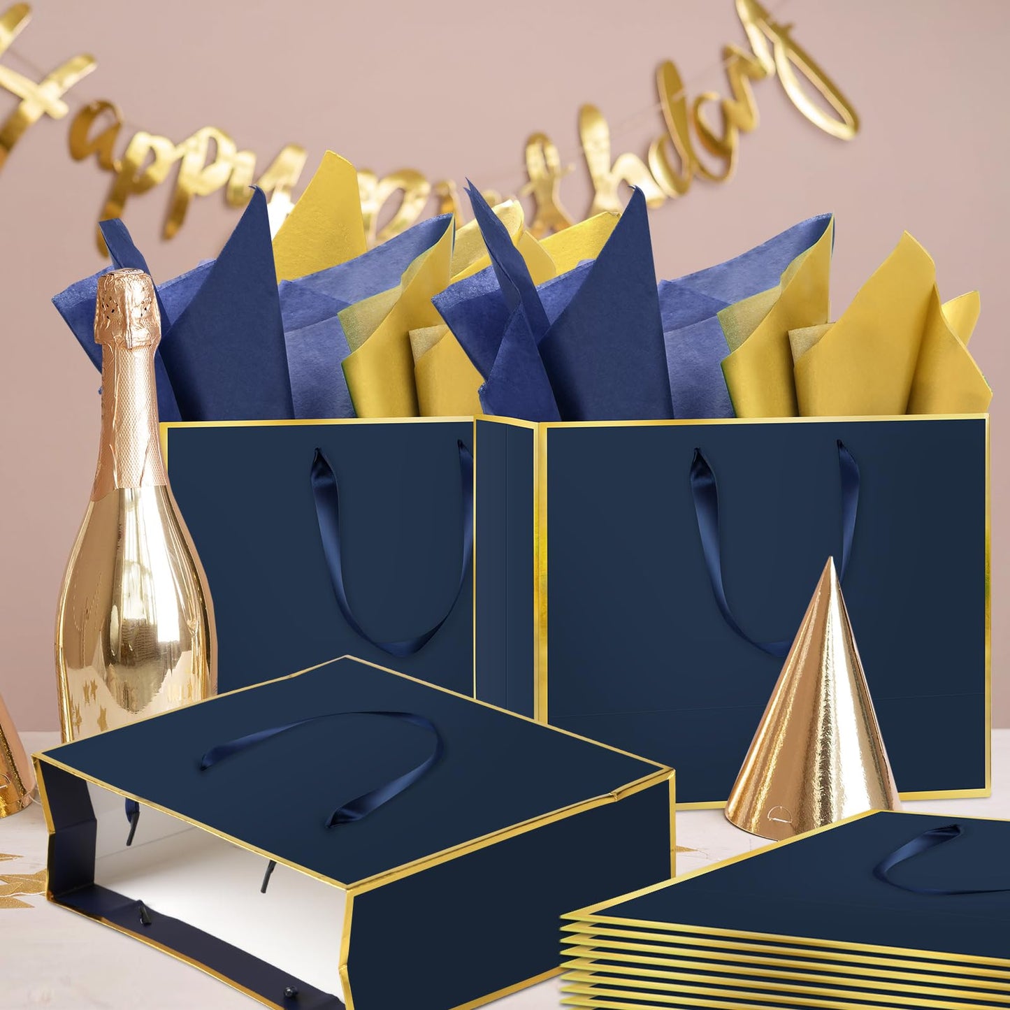 Epoesch 12 Pack Navy Blue Gift Bags with Handles – Includes 24 Tissue Paper – 11.8"x10"x4" – Elegant 5 Senses Gift Bags for Wedding, Bridesmaids, Groomsmen, Guests, Father's Day, Holidays (Navy Blue, Gold)