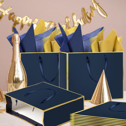 Epoesch 12 Pack Navy Blue Gift Bags with Handles – Includes 24 Tissue Paper – 11.8"x10"x4" – Elegant 5 Senses Gift Bags for Wedding, Bridesmaids, Groomsmen, Guests, Father's Day, Holidays (Navy Blue, Gold)