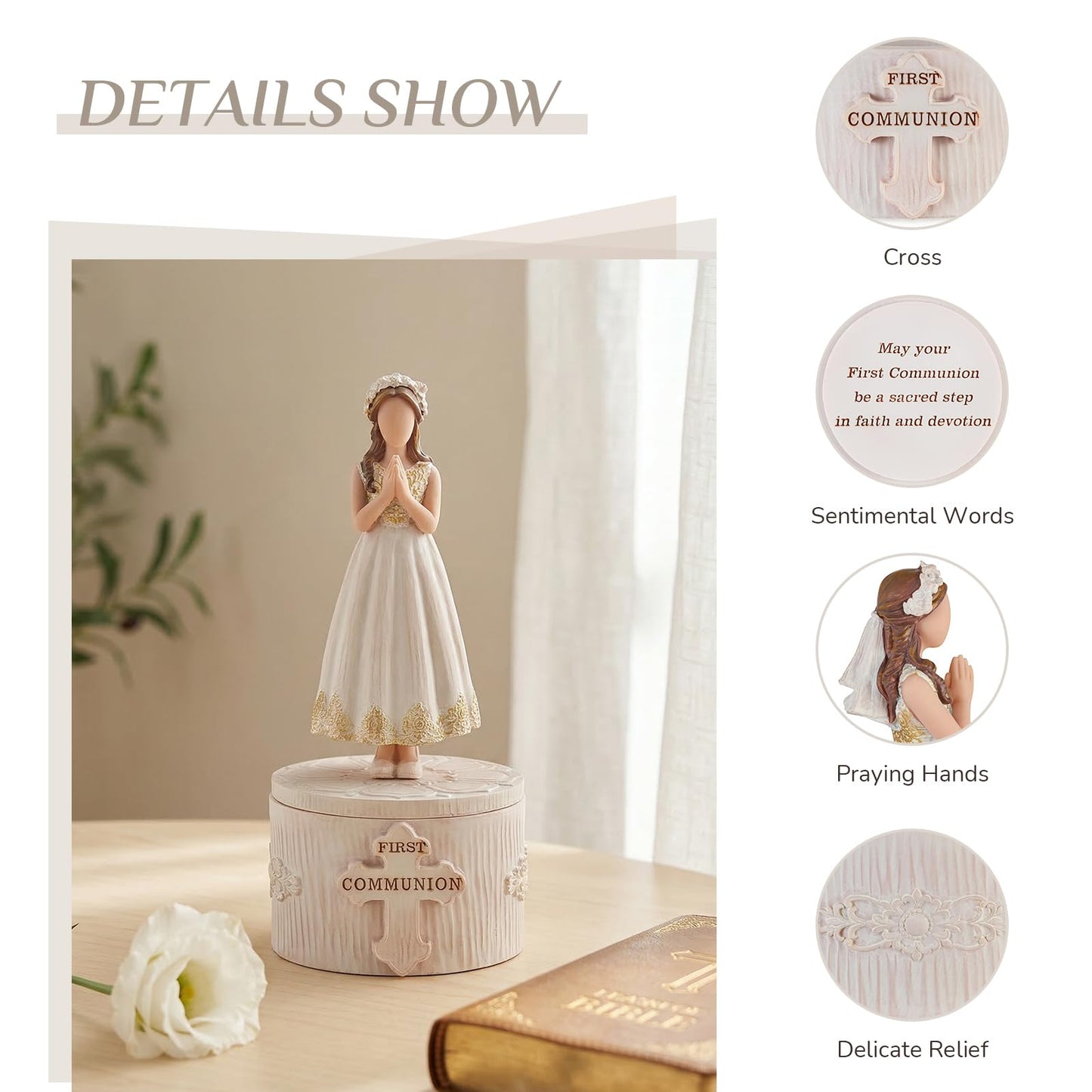 Storieme First Communion Gifts for Girls: 1st Holy Communion Decorations Keepsake Box with Rosary Cross Bracelet - Christian Religious Catholic Present for Baptism Confirmation