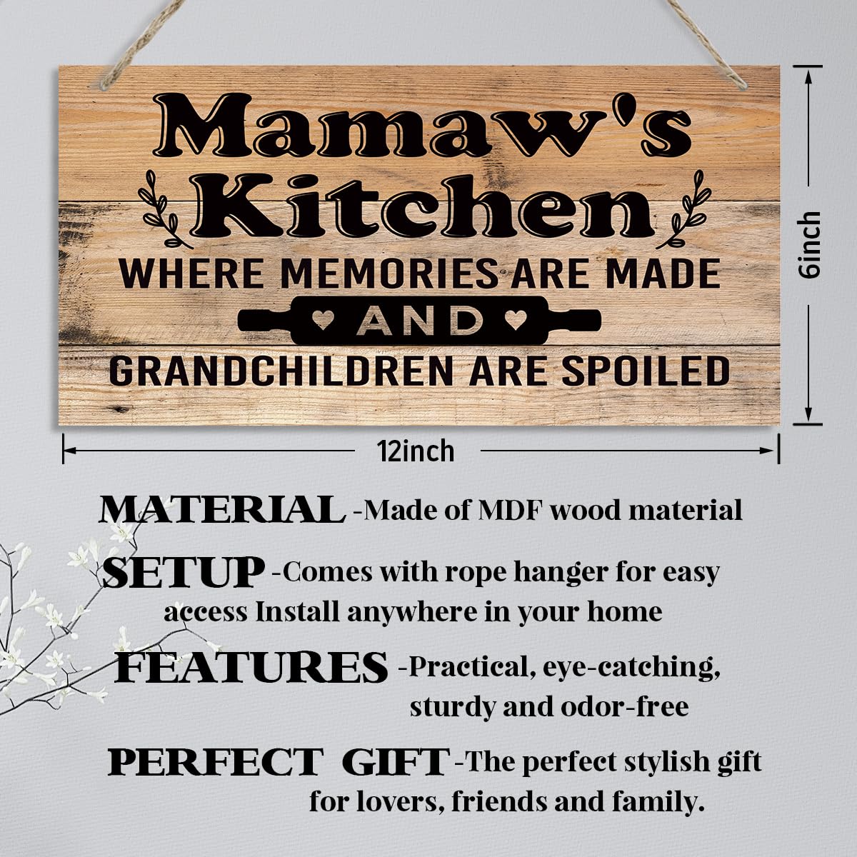 Mamaw's Kitchen Sign - Where Memories Are Made and Grandchildren are Spoiled, Mamaw Home Decor for Kitchen, Decorative Hanging Wall Plaque Wood Sign, Mamaw Gift from Grandson Granddaughter