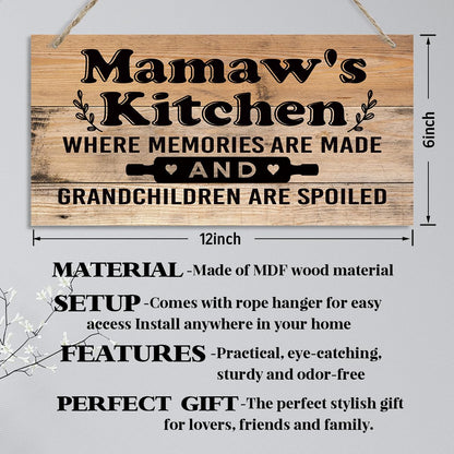 Mamaw's Kitchen Sign - Where Memories Are Made and Grandchildren are Spoiled, Mamaw Home Decor for Kitchen, Decorative Hanging Wall Plaque Wood Sign, Mamaw Gift from Grandson Granddaughter