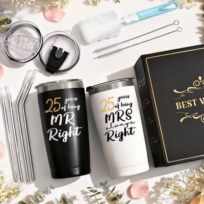 Lifecapido 25th Wedding Gifts, Couple Gifts for Parents Friends Hunsband Wife, 25th Mr Right & Mrs Always Right Tumbler Set with Lid & Straw(20oz, Black & White)