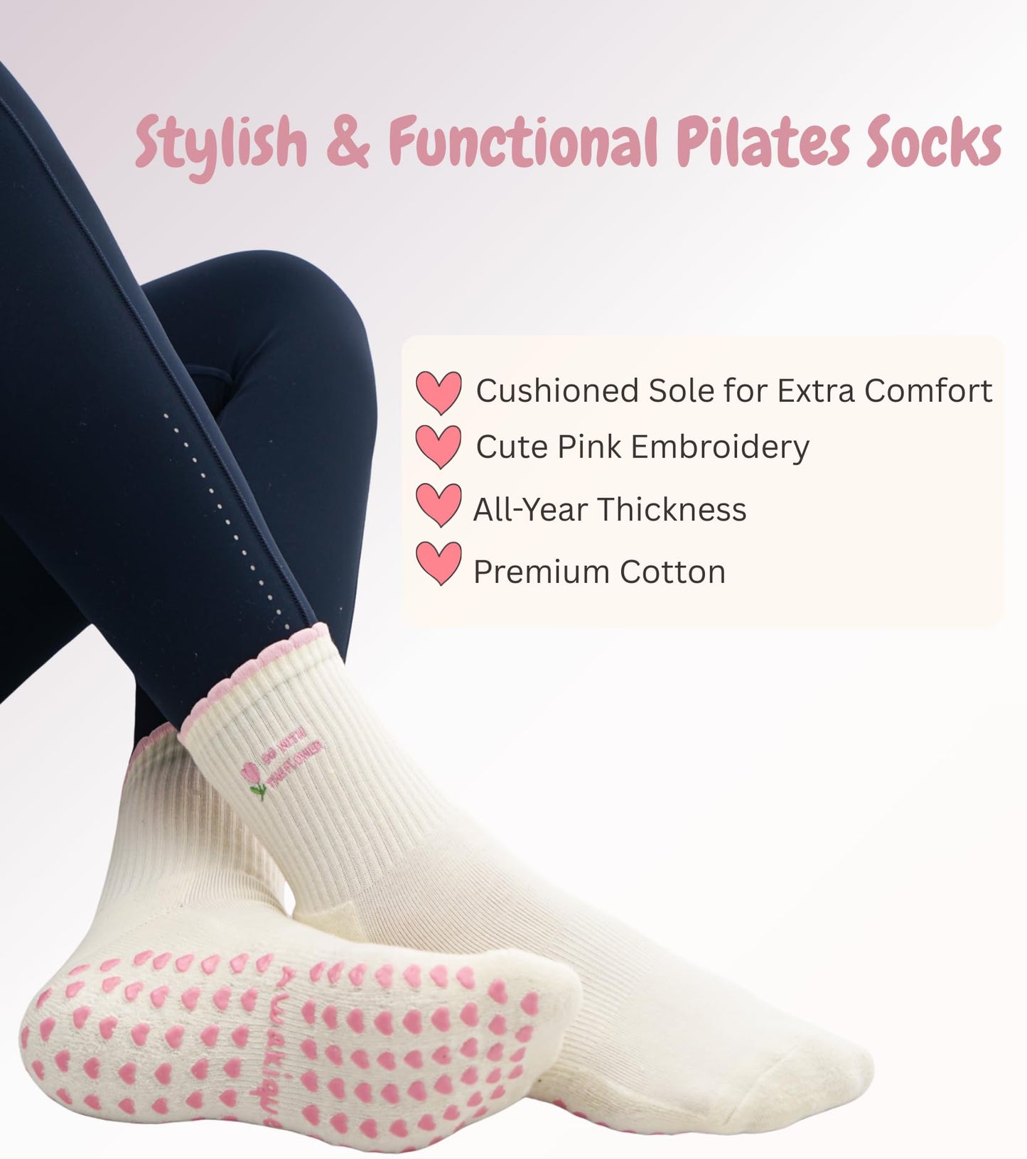 Pilates Socks with Grips for Women, Cute Grip Socks for Yoga, Barre, Reformer& Home workouts, Great Gift Idea