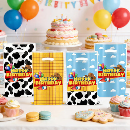 HJFZLY 30Pcs Cartoon Story Happy Birthday Party Favors Gift Bags lue Sky White Cloud and Cow Printing Candy Treat Plastic Bags for Cartoon Story Birthday Theme Party Decoration Supplies