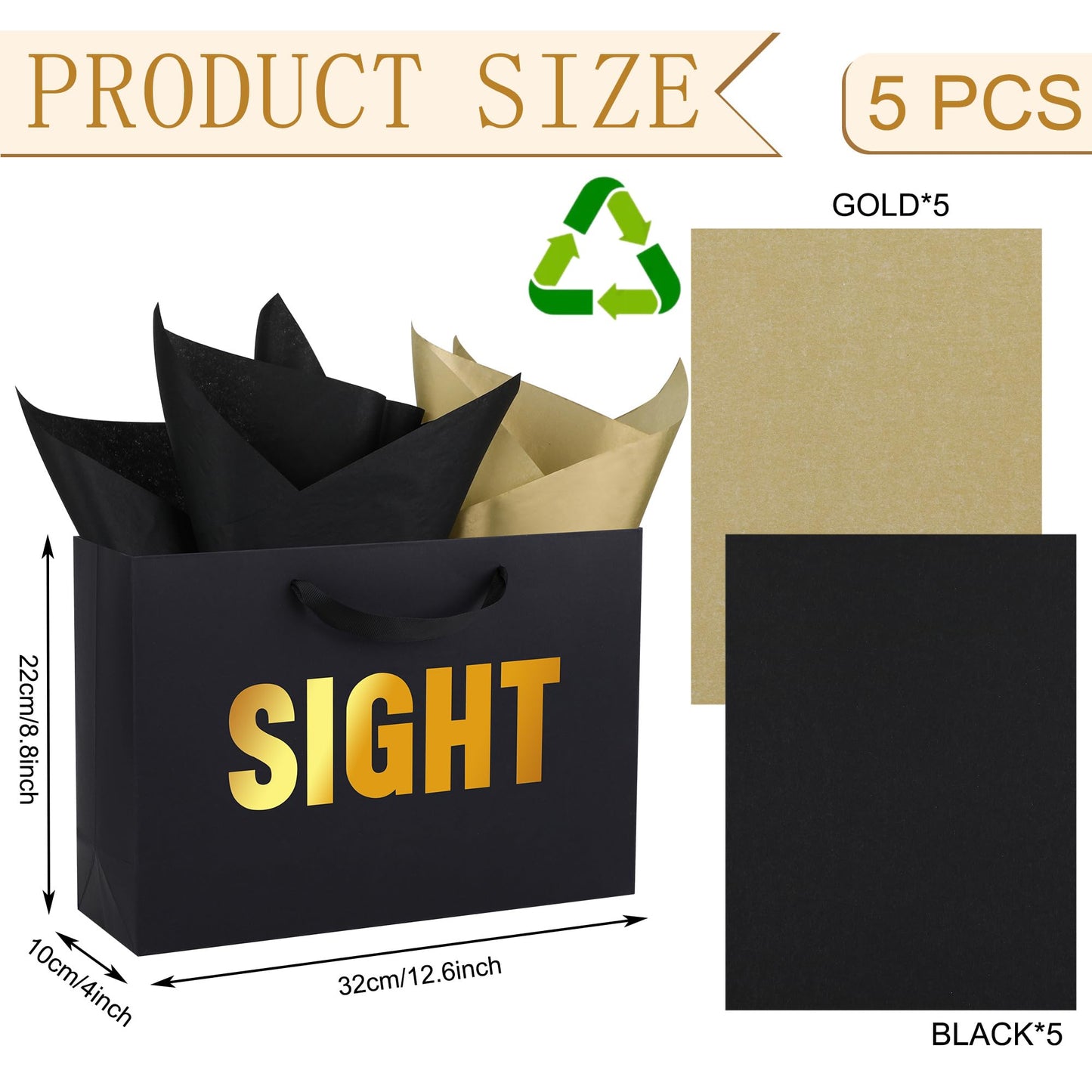 OEMVALATY 5 Senses Gift Bags for Him Her Five Senses Gift Bags with Ribbon Handles and Tissue Paper Present Wrappings for Valentine Wedding Anniversary Birthday Christmas(Black, 12.6''x8.8''x4'')