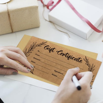 48 Pcs Blank Gift Certificates Kraft Certificate Cards with 48 Pcs Envelopes for Business Salon Restaurants Spa Christmas Birthday, 3.5 x 7