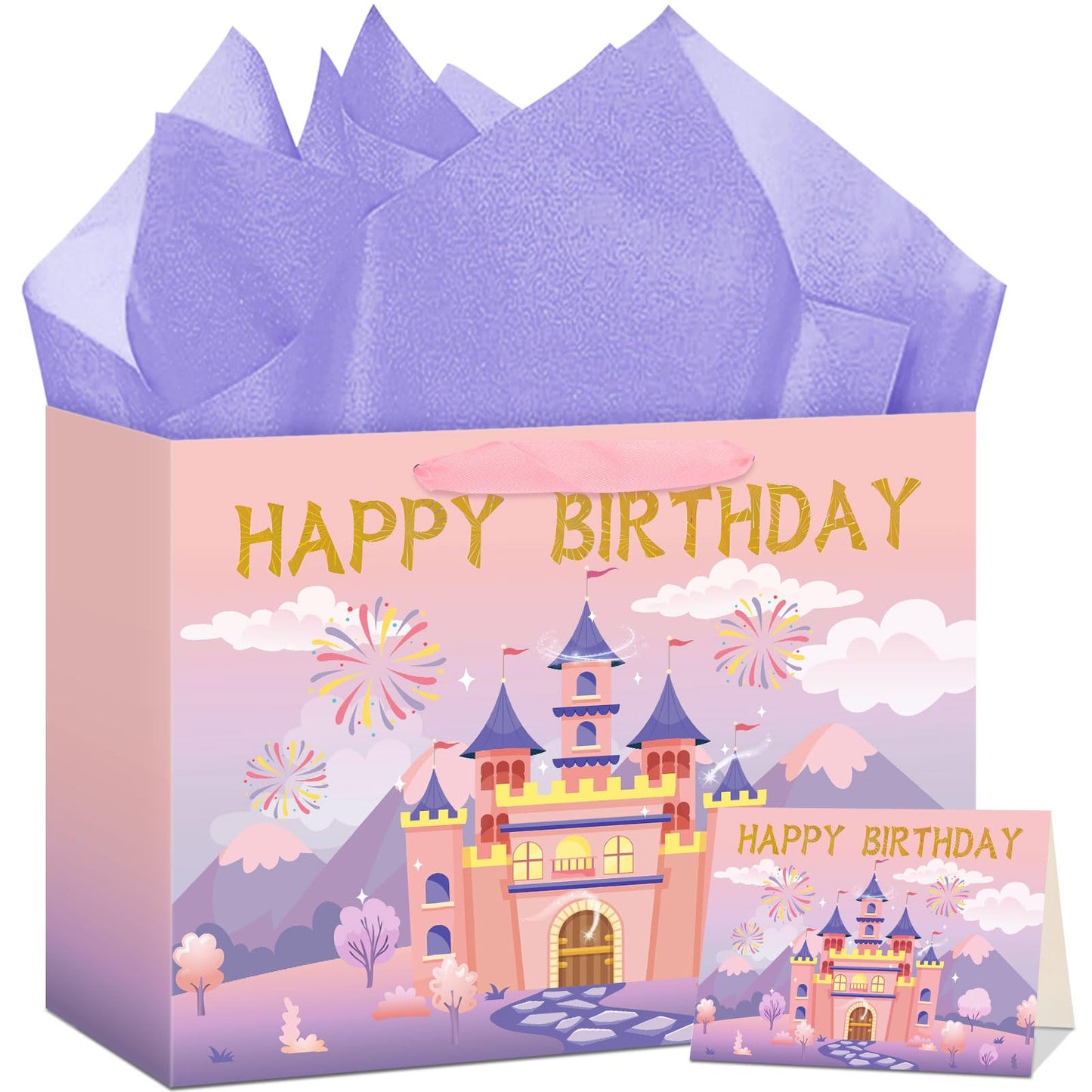 Hooqict Large Princess Gift Bag Birthday Gift Wrap Bag with Ribbon Handles, Tissue Paper, Greeting Card for Kids Girls Women Castle Princess Birthday Party Decorations Favor (Pink and Purple)