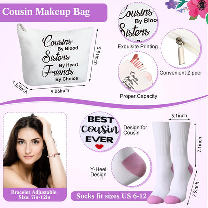 Pickmesh 7 Pack Cousin Gifts for Women, Thank You Best Cousin Ever Themed Gift for Birthday, Canvas Tote Bag, Makeup Bag, 16 oz Coffee Glass Cup, Socks, Stone Bracelet, Greeting Card and Box