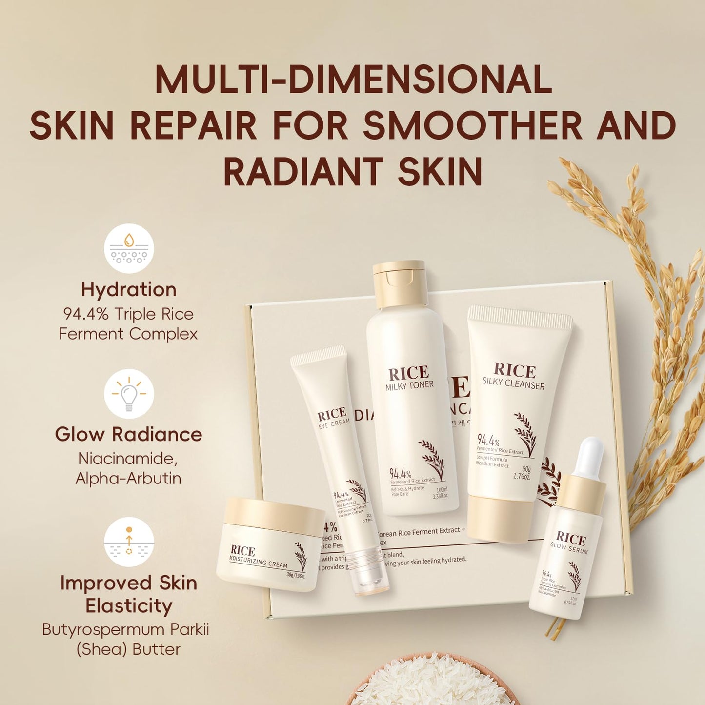 LAIKOU Skin Care Set, Korean Skin Care with Rice Cleanser, Toner, Serum, Eye Serum, Moisturizing Cream 5pcs for Women Teen Girls Mom Daughter Mother's Day Birthday Christmas Lover Korean Beauty
