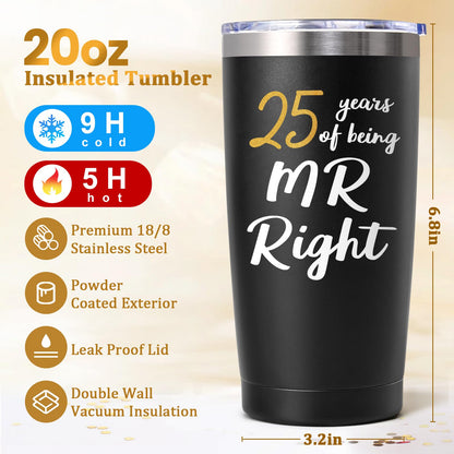 Lifecapido 25th Wedding Gifts, Couple Gifts for Parents Friends Hunsband Wife, 25th Mr Right & Mrs Always Right Tumbler Set with Lid & Straw(20oz, Black & White)