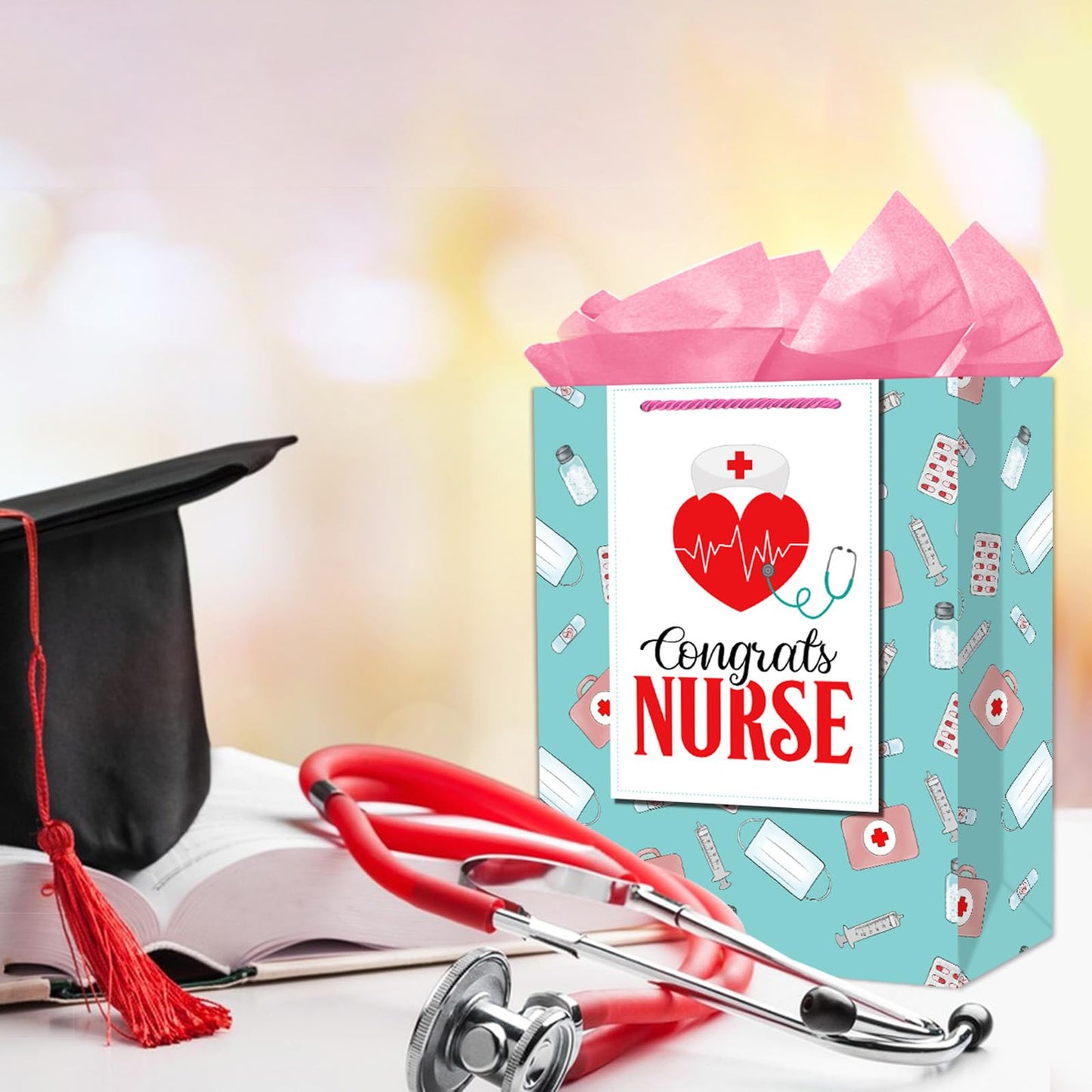 PETCEE Nurse Graduation Gifts Bag - Congrats Nurse Gift Bag with Tissue Paper for Her 11.5" Large Nursing School Graduation Gifts for Grads Medical School Graduates Social Worker Party Supplies