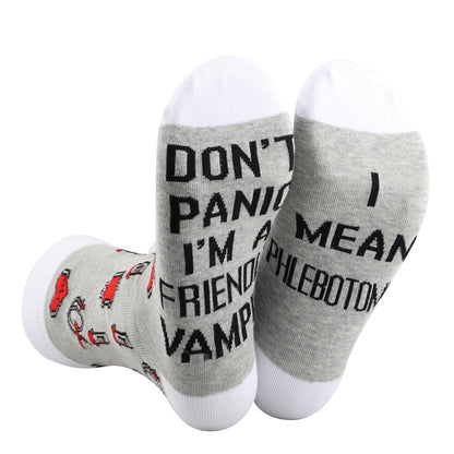 G2TUP Phlebotomist Socks Phlebotomy Technician Gift Don't Panic I'm a Friendly Vampire I Mean Phlebotomist Socks