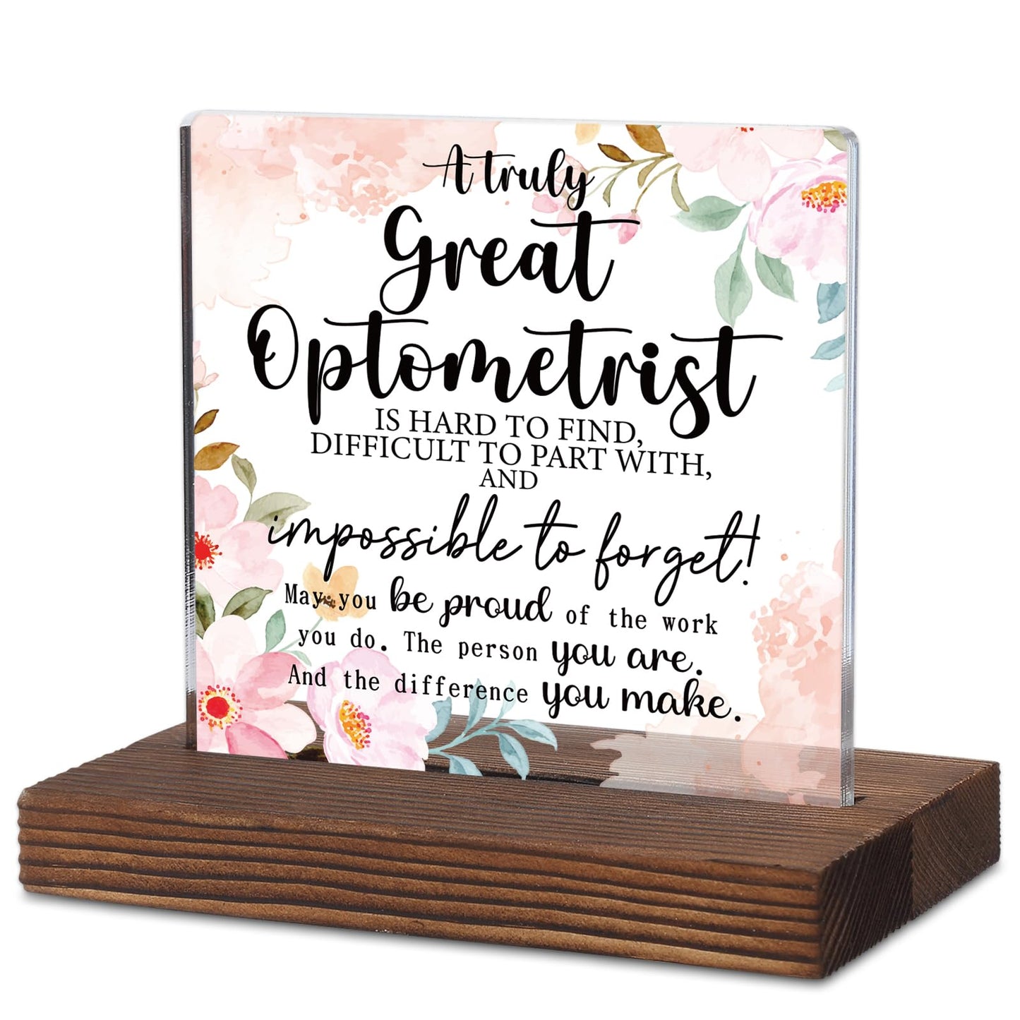 Optometrist Appreciation Gift, Floral Acrylic Desk Sign with Inspirational Thank You Quote, Rustic Wood Base Decor for Eye Doctor Graduation, Retirement or Office Display KAC205