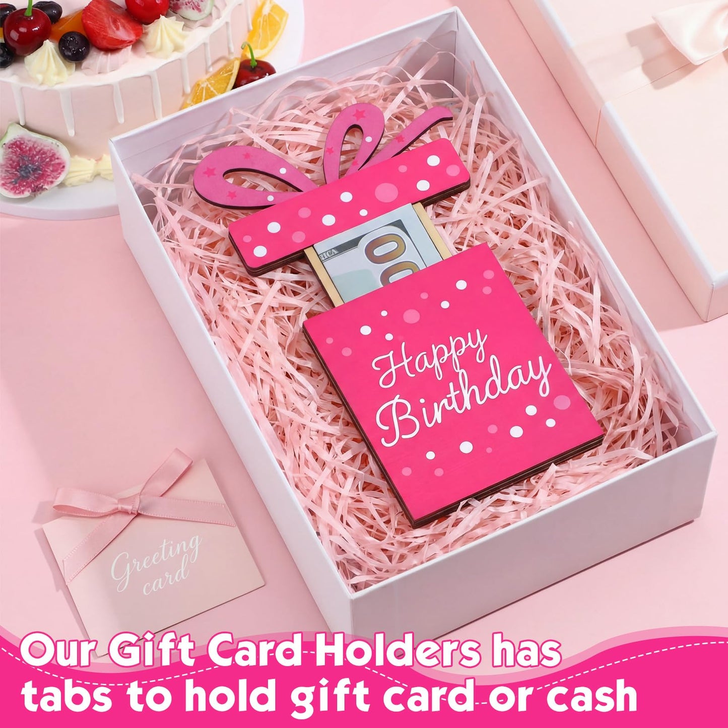 Kathfly Cheerful Birthday Gift Card Holders, Wooden Gift Cardholder Pull Out, and Cute Card Holder to Decorate Gifts for Wedding Birthday Note Cards and Business Cards(Pink)