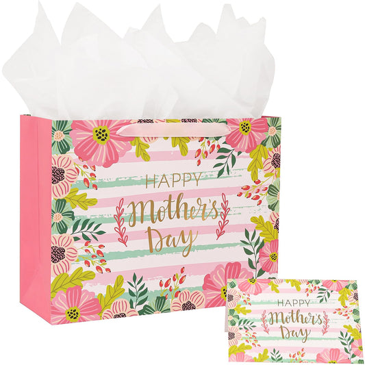 CAMKUZON Large Mother's Day Gift Bag with Card and Tissue Paper for Mom Grandma Nana Sisters - Gold Foil Happy Mother's Day & Pink Floral Design, 13" X 10" X 5"
