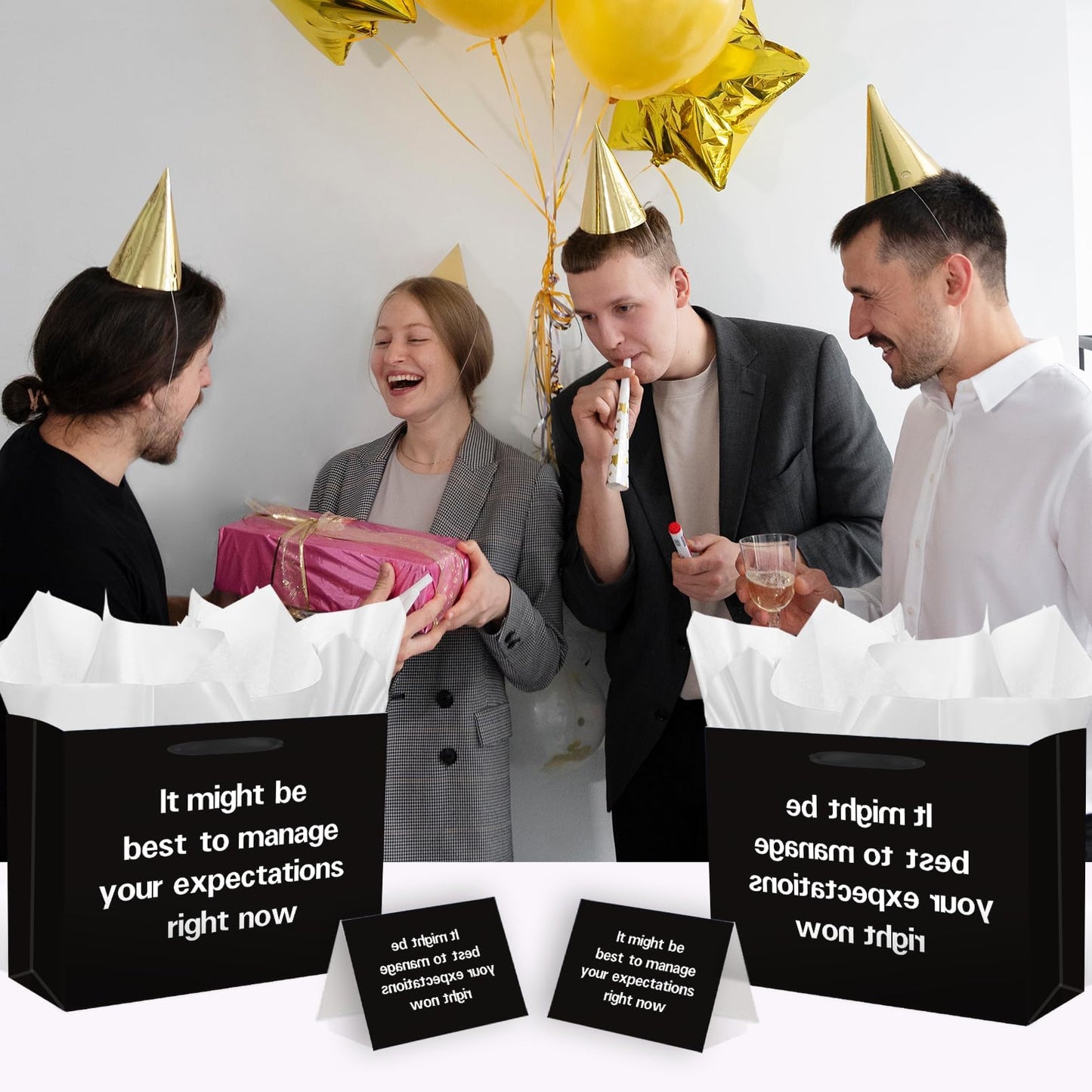 SolarGlory Black Funny Gift Bag with Card and Tissue Paper - Sarcastic Manage Your Expectations Design - White Wrapping Paper - Perfect for Prankgifts, Officegifts, Birthday & Humor Enthusiasts