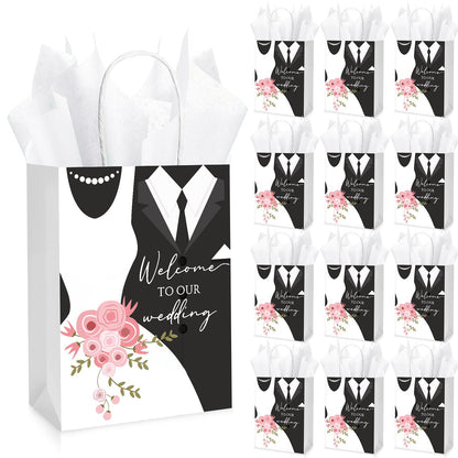 Sinload 50 Sets Wedding Welcome Bags with 50 Sheets Tissue Paper Mr. and Mrs. Welcome to Our Wedding Favor Bags Paper Bags with Handles Wedding Party Gift Bags Welcome Wedding Bags for Hotel Guests