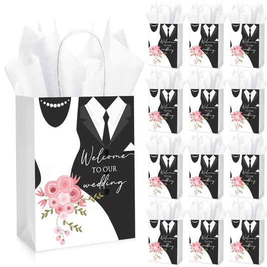 Sinload 50 Sets Wedding Welcome Bags with 50 Sheets Tissue Paper Mr. and Mrs. Welcome to Our Wedding Favor Bags Paper Bags with Handles Wedding Party Gift Bags Welcome Wedding Bags for Hotel Guests