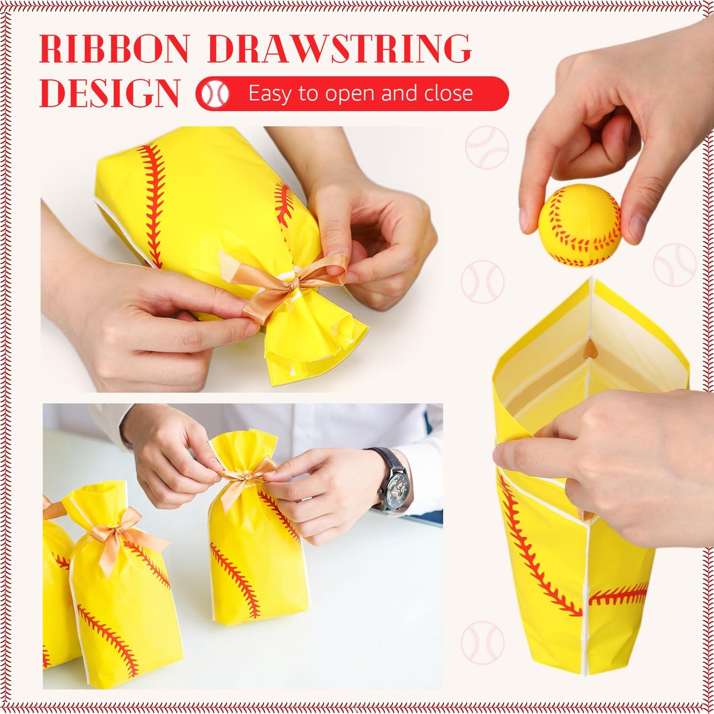 SilTriangle 50 Pcs Softball Party Gift Bags for Team Girls Plastic Softball Snack Bag Goodie Bags with Drawstring for Daughter's Game Party Supplies