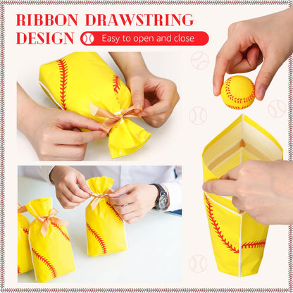SilTriangle 50 Pcs Softball Party Gift Bags for Team Girls Plastic Softball Snack Bag Goodie Bags with Drawstring for Daughter's Game Party Supplies