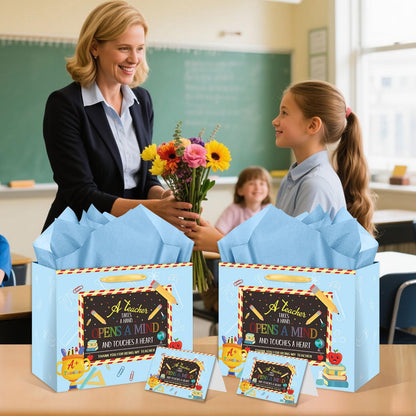 HSKMAKE Teacher Appreciation Gift Bags Blue Thank You Teacher Gift Set With Greeting Card, Envelope & Tissue Large Paper Bag for Educators, Graduation, Retirement Supplies