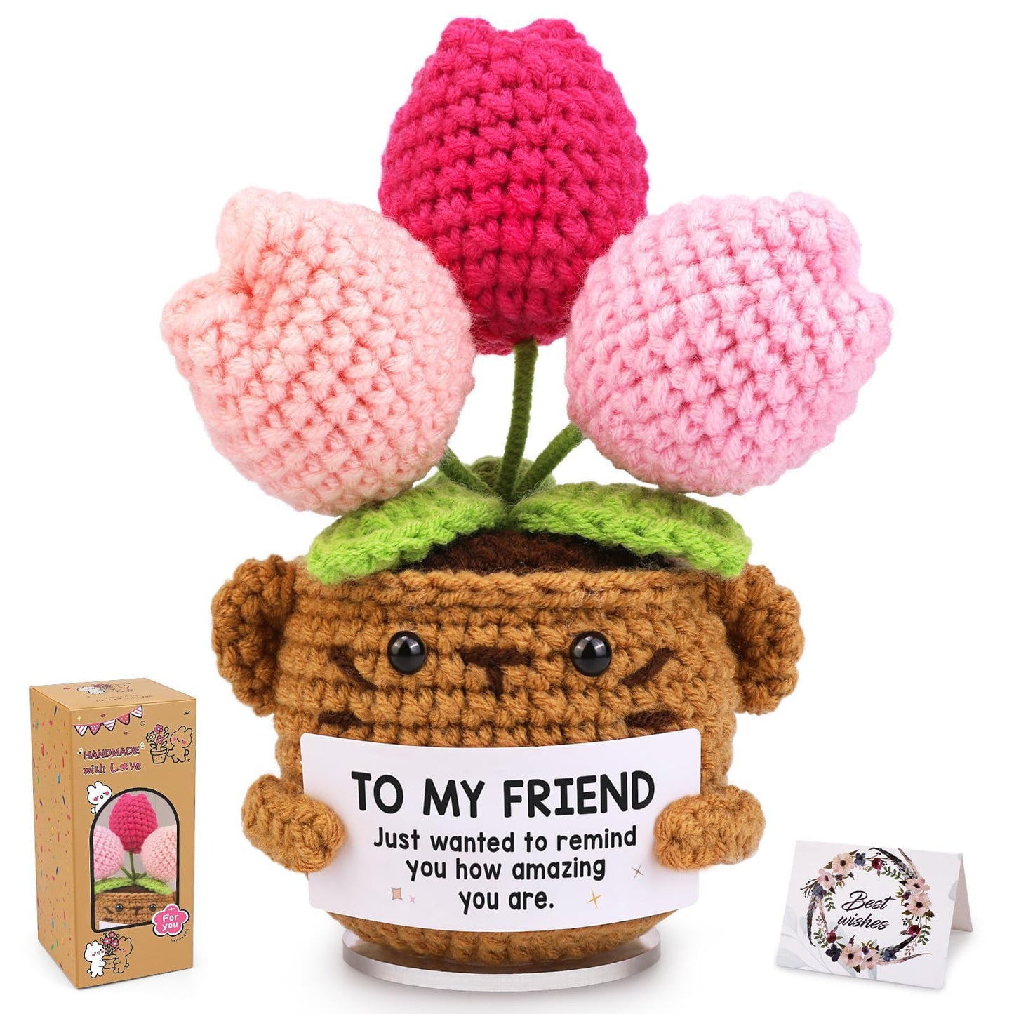 Positive Crochet Gifts for Women/Men, Tulip Flowers Emotional Support Thank You Gifts for Wife Husband, Friends Teachers with Thanks Card for Anniversary, Christmas, Birthday -to My Friend