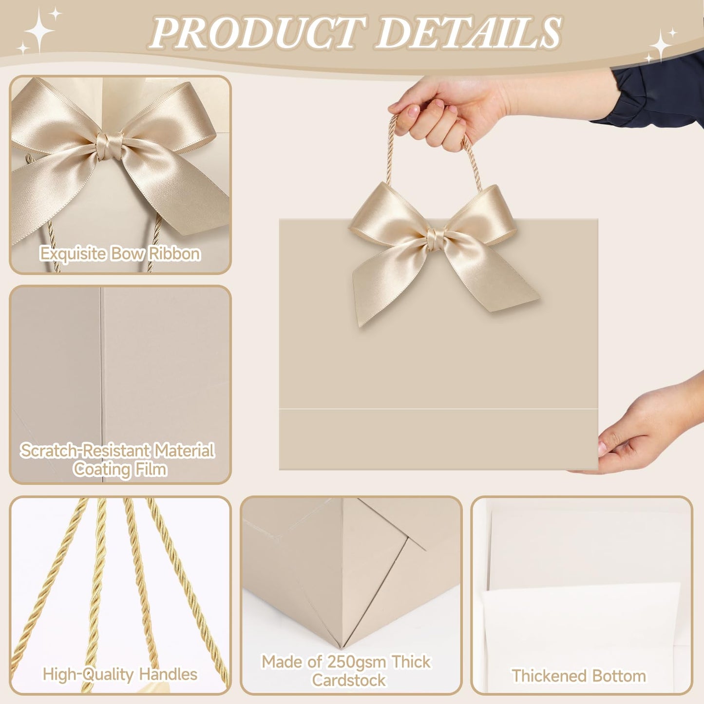 Addblu 2 Pack Large Gift Bags with Handles & Tissue Papers, 12.6×10×4 Inches Thank You Gift Bags with Cards for Mother’s Day, Birthday, Baby Shower, Wedding & Bridesmaids (Champagne Gift Bag, 2 PCS)