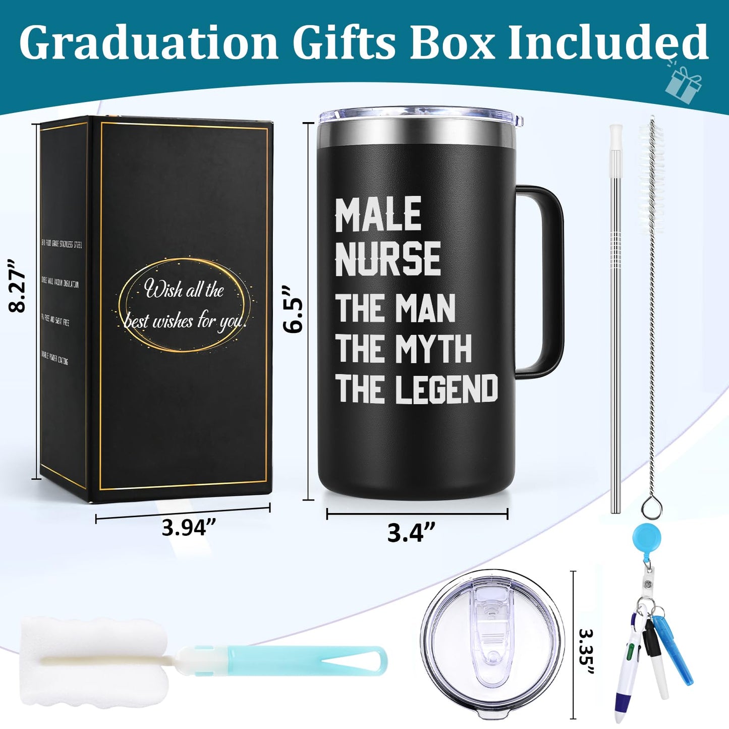 Lifecapido Male Nurse Gifts, The Man The Myth The Legend 20oz Stainless Steel Coffee Mug with Badge Reel Pen, Birthday Graduation Nurse Appreciation Gifts for Male Nurses, Black