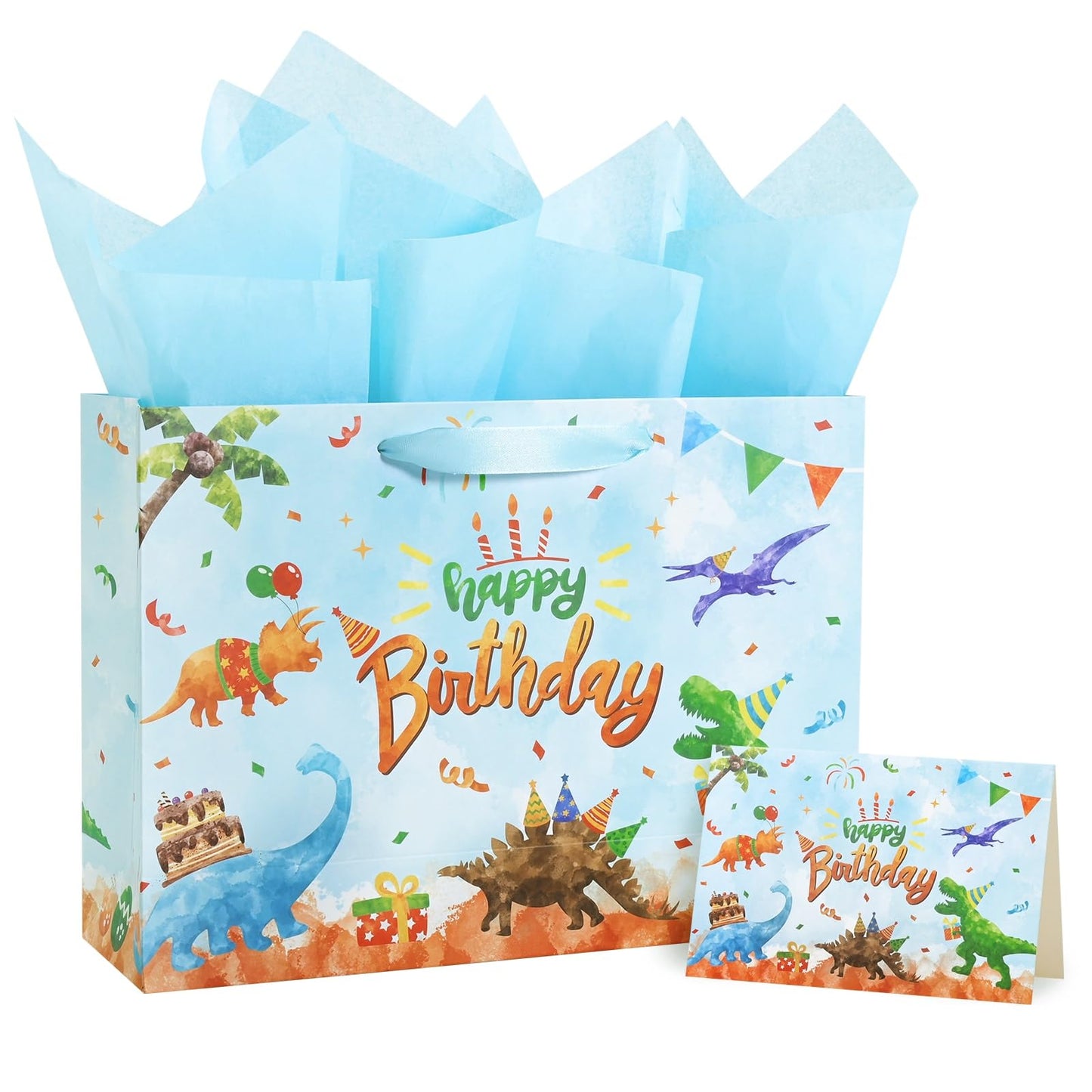 WERNNSAI Dinosaur Birthday Bag - 13" Large Happy Birthday Gift Bags with Wrapping Tissue Paper and Greeting Card for Boys Girls and Kids Dino Party Supplies Baby Showers