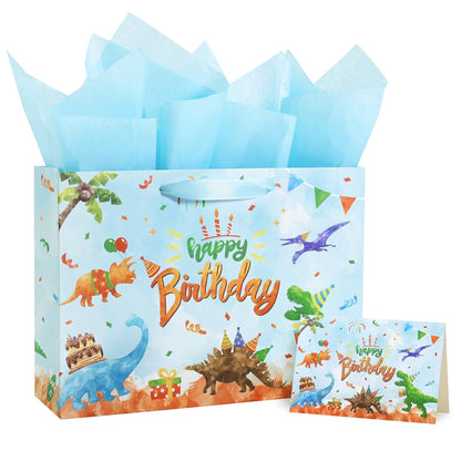 WERNNSAI Dinosaur Birthday Bag - 13" Large Happy Birthday Gift Bags with Wrapping Tissue Paper and Greeting Card for Boys Girls and Kids Dino Party Supplies Baby Showers