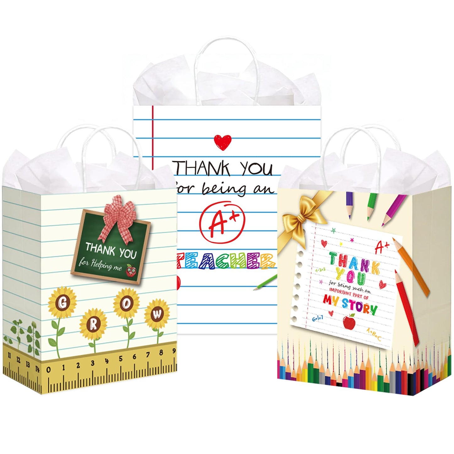 BDDYYI 12 Pcs Teacher Appreciation Gift Bags Bulk Small Thank You Treats Tote Bags with Tissue Paper and Handles for Back to School End of Year Graduation Teachers' Day Classroom Party Supplies