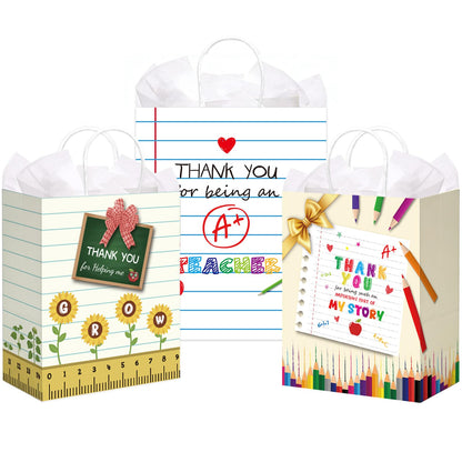 BDDYYI 12 Pcs Teacher Appreciation Gift Bags Bulk Small Thank You Treats Tote Bags with Tissue Paper and Handles for Back to School End of Year Graduation Teachers' Day Classroom Party Supplies