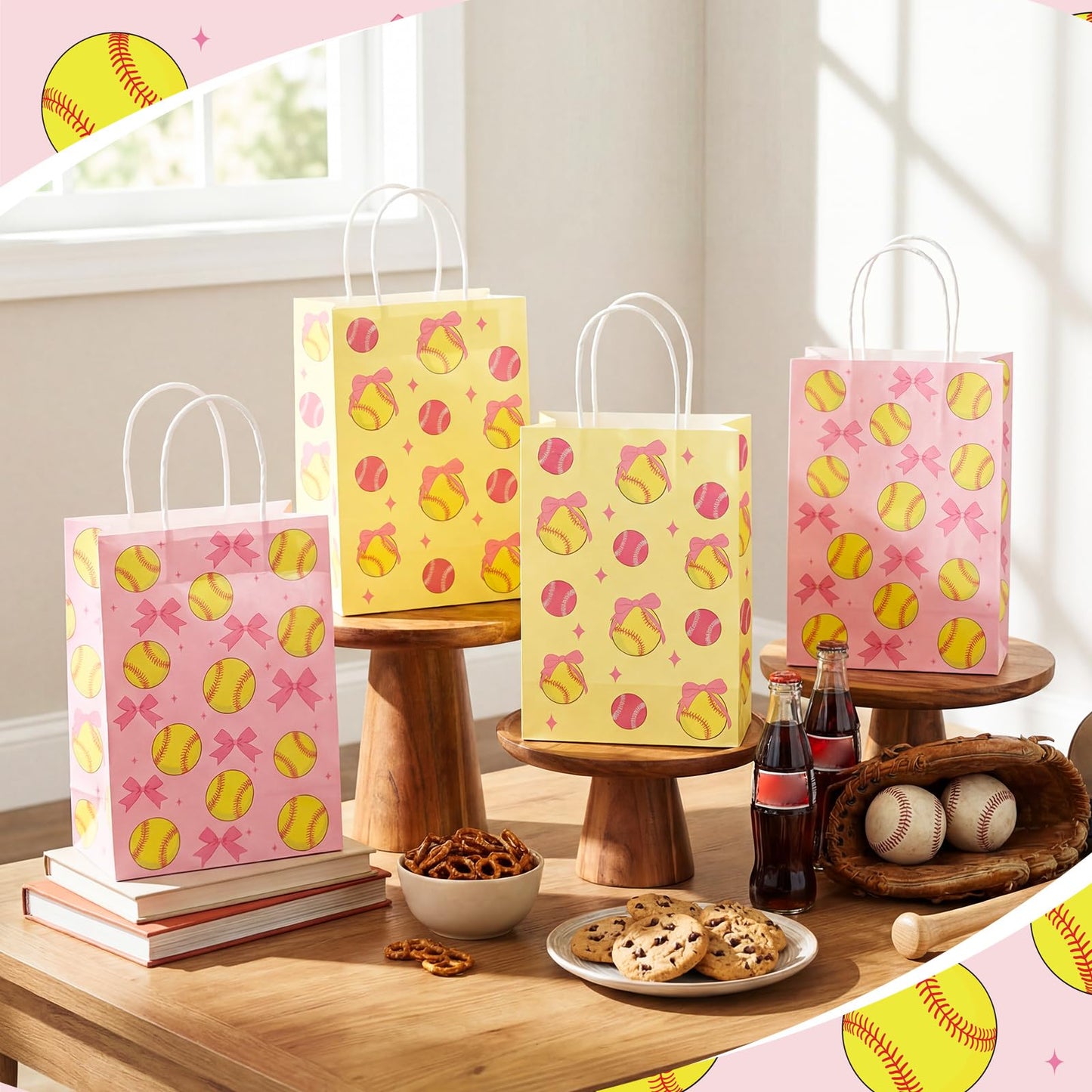 Eersida 16 Pcs Pink Bow Softball Snack Bags for Team with Handles Bulk 2 Styles Softball Candy Treat Bags Birthday Supplies Sports Party Gifts