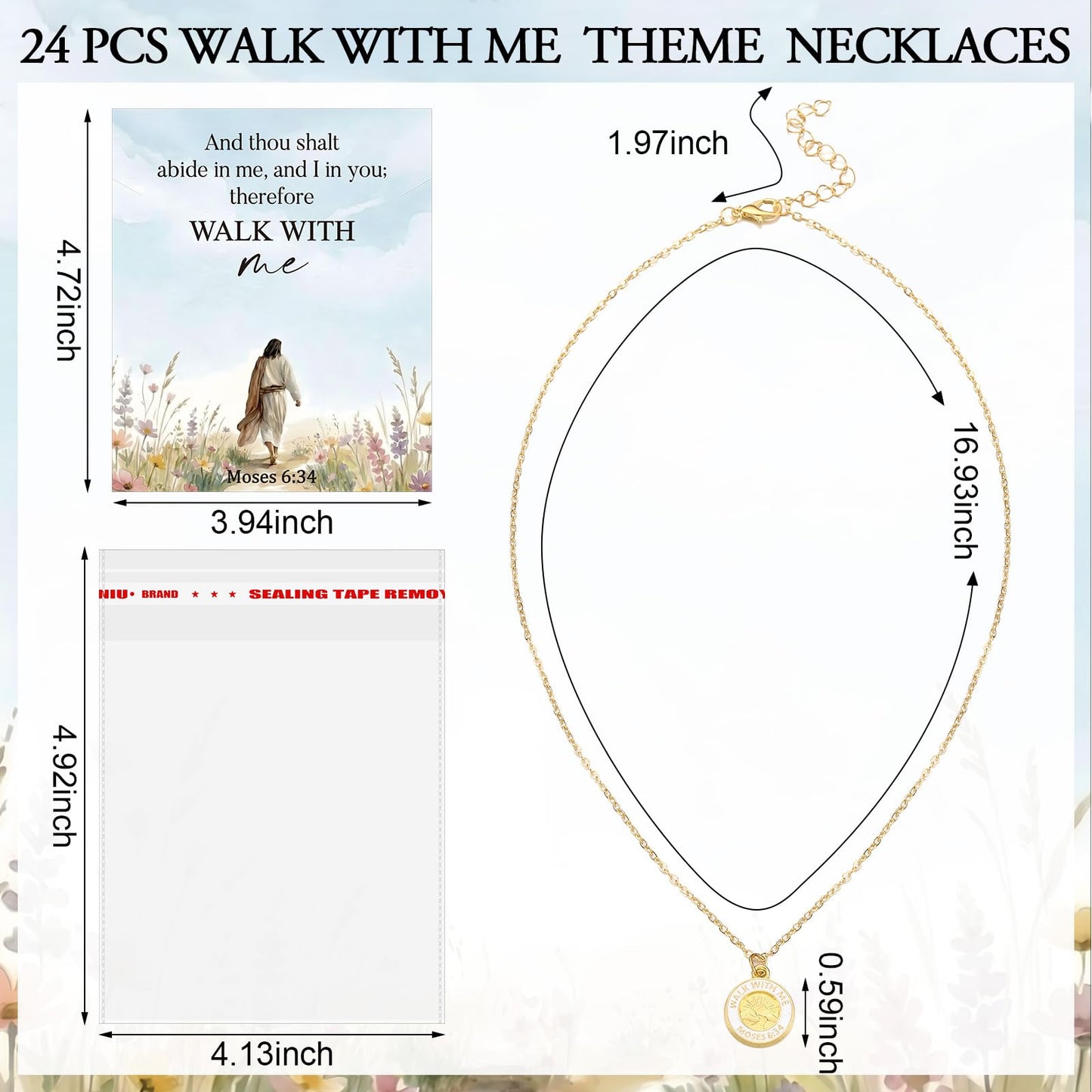 Sureio 24 Sets LDS Missionary Gifts Walk with Me 2026 Necklace with Scripture Cards Sister Missionary Necklace Mormon LDS Youth Theme Walk with Me Pendant Jewelry Christian Baptism Gifts for Women