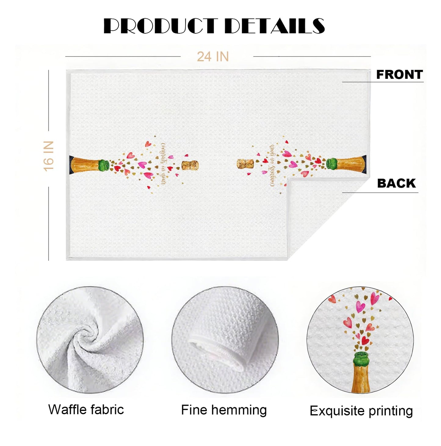 Celebratory Champagne Waffle Towels - 16x24 Inch Champagne Hearts ‘Congrats on Your’ Gift Hand TowelsTowels Ready Celebration Decor/Gift/Party