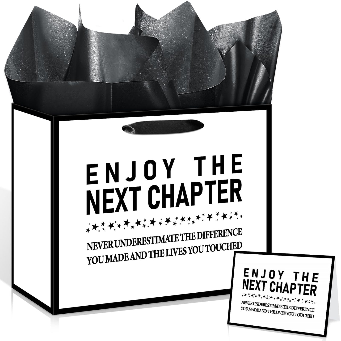 Yomaiha 1PC Retirement Gift Bag for Women Men Enjoy the Next Chapter Gift Bag with Tissue Papers and Card White Black Retirement Gift Wrapping Paper Bag for Farewell Going Away Party Supplies