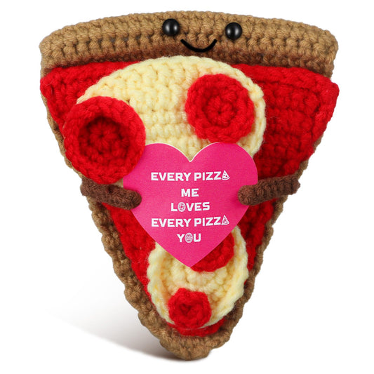 RoundFunny Funny Positive Gifts Pizza Handmade Crochet Doll with Card, Cute Knitted Holiday Pizza I Love You Gifts for Birthday Anniversary Graduation Home Party Decor
