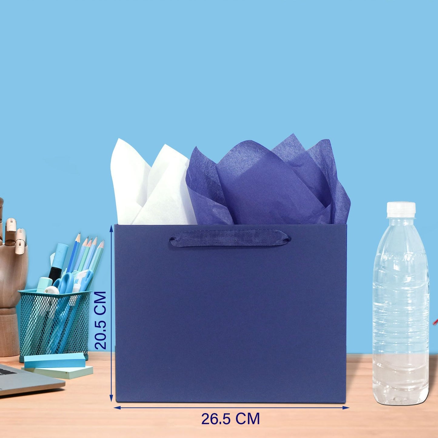 Padiaet 6 Pack Medium 10.5"x4"x8.1" Blue Gift Bags with Tissue Papers, Kraft Shopping Bags with Ribbon Handles, Retail Wrapping Set for All Occasions