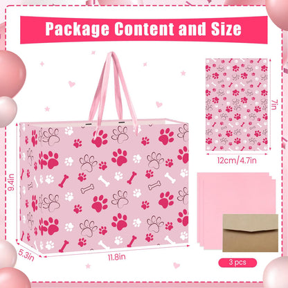 Pink Dog Paw Print Gift Bag Large Dog Birthday Gift Bag Paw Print Wrapping paper with Tissue Paper and & Card for Girl Boy Young Puppy Party Decorations Pet Themed Celebrations Birthday Party